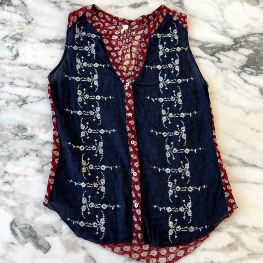 Anthropologie Floral Embroidered Sleeveless Blouse